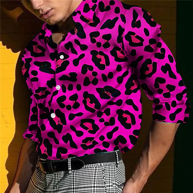 Men's Leopard Print Shirt Long Sleeve Casual Daily Wear Going out Weekend Fall & Winter Turndown Print Button-Down Yellow Pink Rose Red