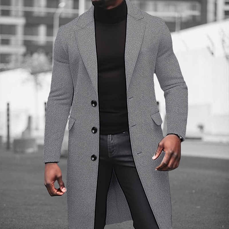 Men's Winter Coat Overcoat Long Trench Coat Outdoor Daily Wear Fall & Winter Polyester Thermal Warm Windproof Outerwear Clothing Apparel Fashion Streetwear Plain Lapel Single Breasted