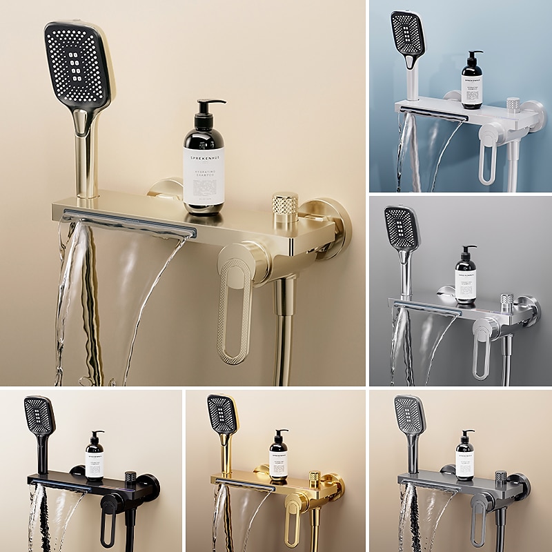 Waterfall Bathtub Faucet, Minimalist Style Bathroom High Pressure High Flow Bath Shower Mixer Taps, Height Adjustable Handheld Shower Faucet Included, Ceramic Valve Insides3