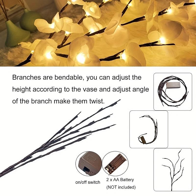 1Pc 20 LED White Willow Branch Lights - Perfect for Home, Garden, Wedding, Christmas, And Holiday Decor - Battery-Free3