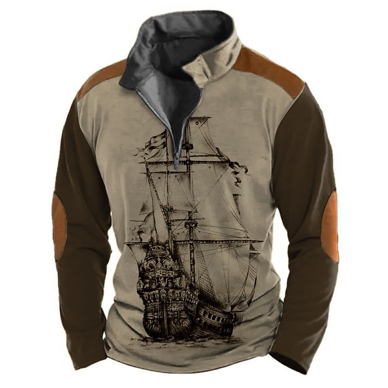 Men's Sailboat Zip Polo Long Sleeve Polo Shirts Turndown Zip Vintage Outdoor Casual Daily Streetwear 3D Print Fall & Winter Black Blue Brown