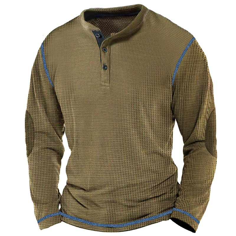Men's Waffle Tee Button T Shirt T Shirt Waffle Henley Shirt Long Sleeve Henley Spring &  Fall Color Block Fashion Designer Basic Patchwork Vacation Street Going out Blue Brown Army Green Top Tee for4