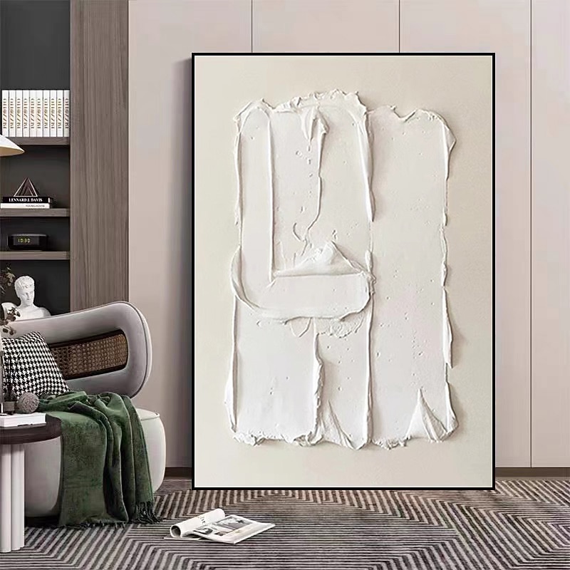 Heavy Textured Thick Acrylic 3D Abstract Beige White Oil Painting Canvas Picture Wall Art Hand Painted framed Artwork Stretched Frame Ready to Hang