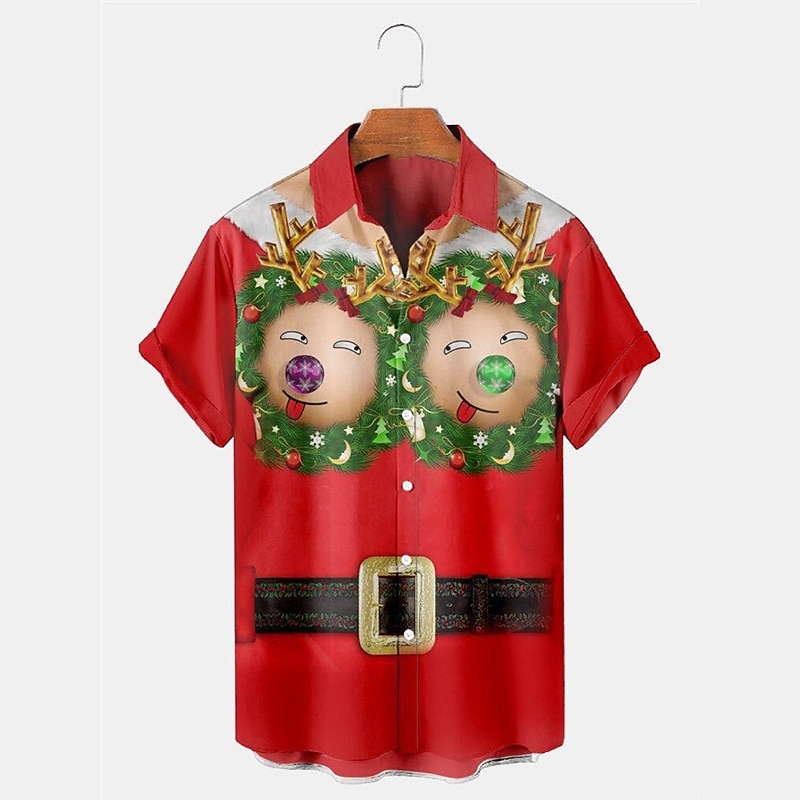 Christmas Men's Christmas Costume Printed Shirts Shirts Santa Claus Casual Outdoor Street Fall Turndown Short Sleeve Red Burgundy Dark Navy S M L