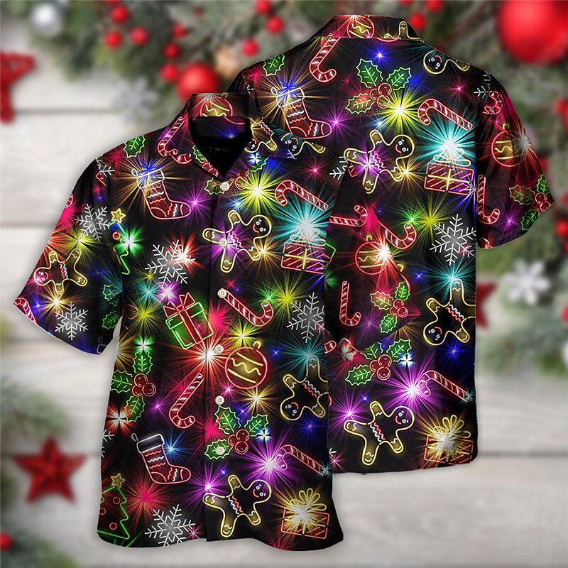 Christmas Men's Christmas Scene Printed Shirts Pattern Artistic Casual Outdoor Street Fall Turndown Short Sleeve Black S M L Shirt2