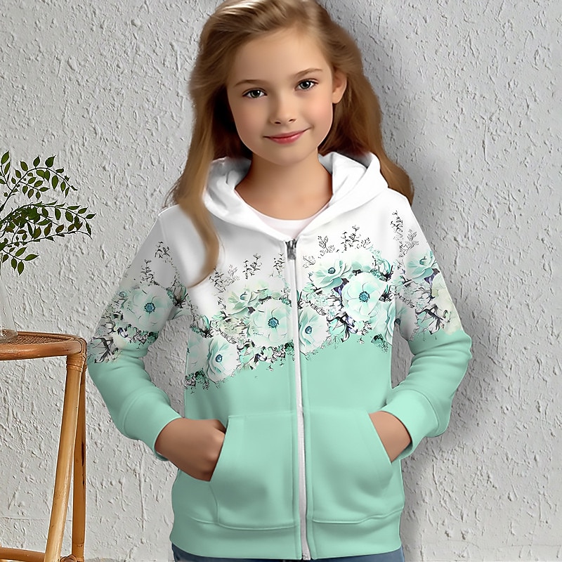 Girls' 3D Floral Hoodie Coat Outerwear Pink Long Sleeve 3D Print Fall Winter Active Fashion Cute Kids 3-12 Years Outdoor Casual Daily Regular Fit4