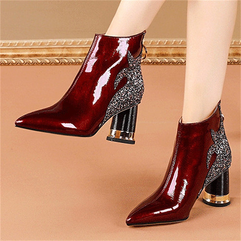 Women's Burgundy Patent Leather Ankle Boots with Glitter Flame Design and Block Heel - Statement High-Heel Boots for Parties and Special Occasions3