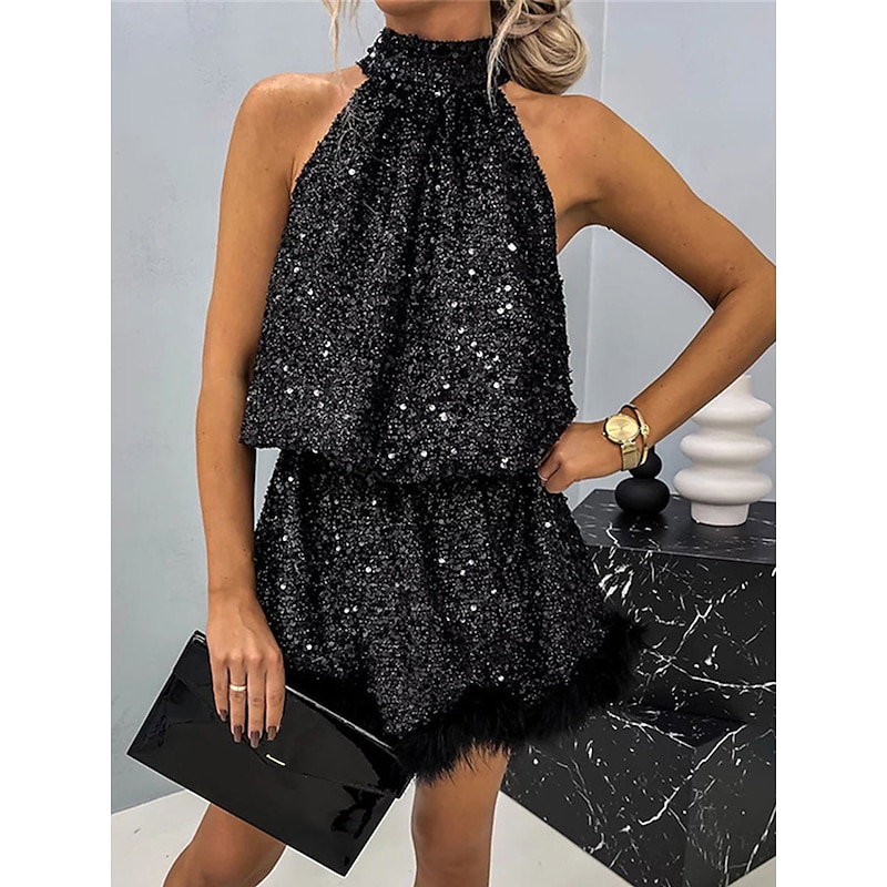 Women's Sequin Dress Party Dress Feather Dress Sequins Sparkly Halter Neck Sleeveless Mini Dress Winter Dress Wedding Guest Black Pink Spring Fall4