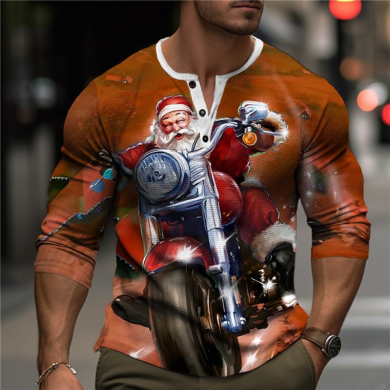 Christmas Men's Santa Claus Henley T Shirt Graphic Santa Claus Motorcycle Fashion Designer Casual 3D Print Henley Waffle Sports Outdoor Holiday Festival Blue Purple Orange Long Sleeve Henley Spring3