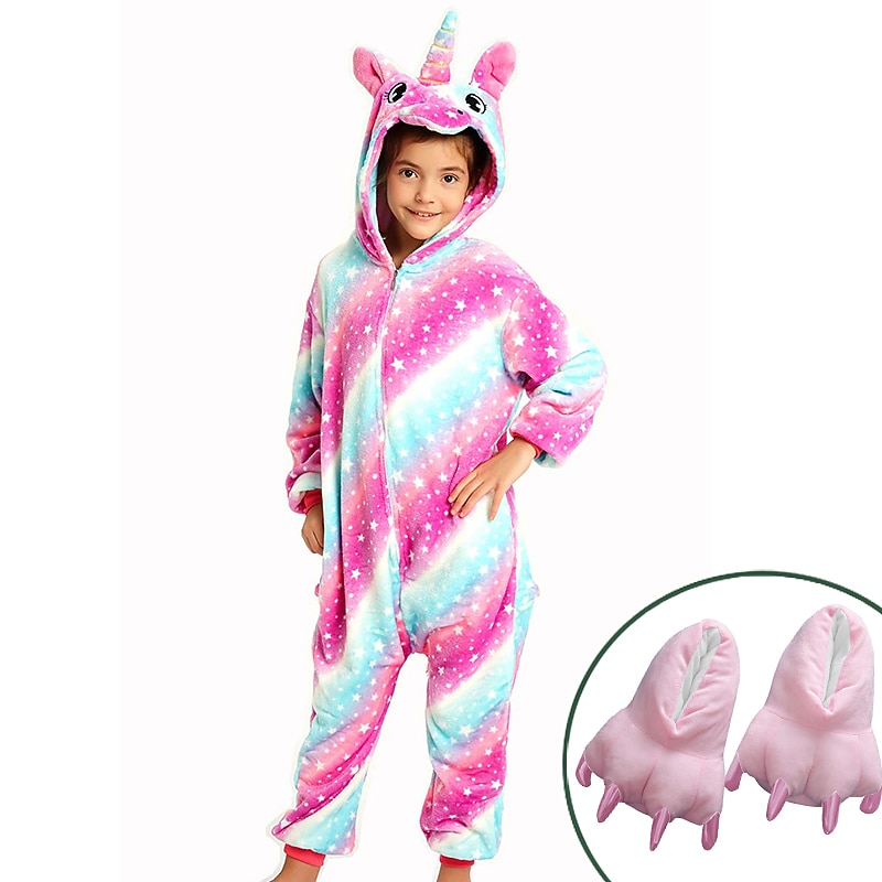 Set with Flannel Onesie Kigurumi Pajamas Claw Slippers 2 PCS Set Nightwear Camouflage Cute Unicorn Rainbow Animal Kid's Unisex  Cozy Homewear