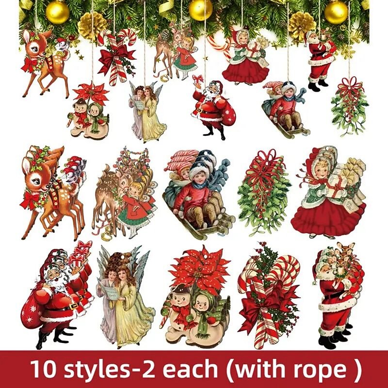20pcs Christmas Tree Ornaments Xmas Wooden Santa Claus Christmas Crutches Green Garland Hanging Decoration Pendant For Outdoor Festival Party Gift (with Rope)2