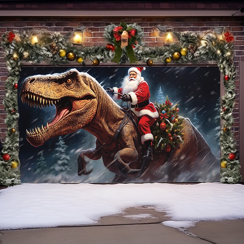 Christmas Door Decorations Outdoor Garage Door Cover Santa Riding Dinosaur Curtain Xmas Door Banner Party Large Door Mural Backdrop Decoration forHoliday Home Wall Decorations3