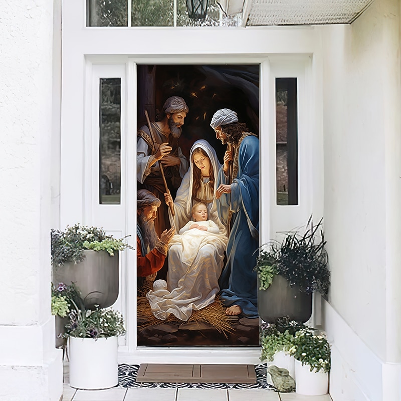 Christmas Door Decorations Nativity Scene Jesus Door Covers Xmas Door Tapestry Door Curtain Decoration Backdrop Door Banner for Front Door Farmhouse Holiday Party Decor Supplies