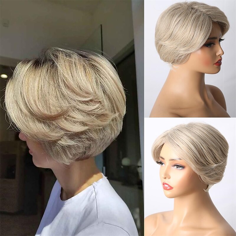 Short Highlight Blonde Pixie Cut Wigs for Black Women Bleach Blonde Bob Layered Side Part Wig with Curtain Bangs for Women Synthetic Light Blonde Bob Shaggy Wig 613 Blonde Pixie Cut Wig2
