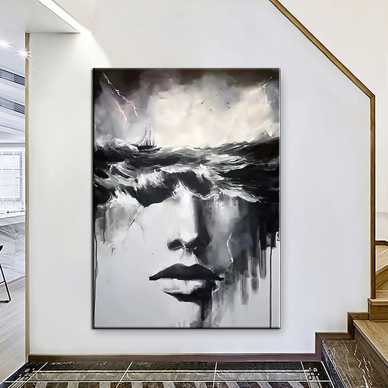 Handmade Woman Sea Storm Painting Hand Painted Oil Painting Wall Art Black art Woman Face Artwork Faceless painting Portrait oil painting Abstract Lady Painting Decor ready to hang or canvas4