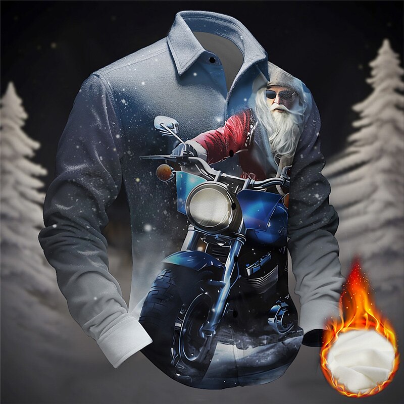 Christmas Men's Santa Claus Printed Shirts Santa Claus Tree Casual Fleece Daily Wear Vacation Going out Fall & Winter Turndown Long Sleeve Navy Blue, Dark Blue S, M, L Fleece Christmas4