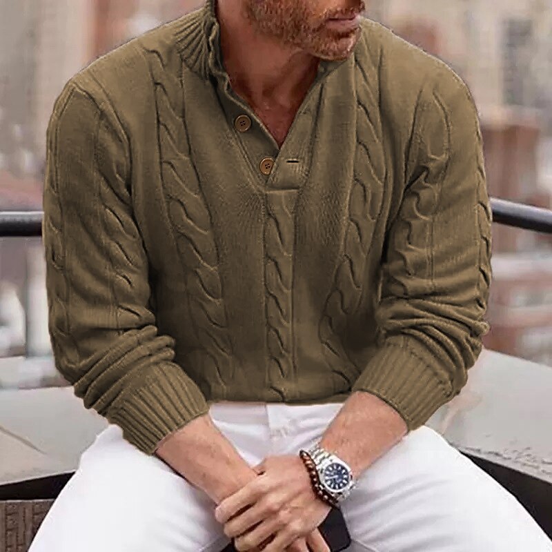 Men's Sweater Pullover Sweater Jumper Ribbed Cable Knit Knit Cropped Button Solid Color Henley Collar Modern Contemporary Casual Clothing Apparel Winter Blue Khaki M L XL3
