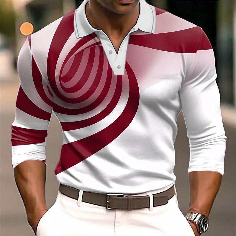 Men's Graphic Polo Shirts Golf Shirt Long Sleeve Polo Shirts Collared Shirts Casual Vacation Wear Rave Wear Party Outfits 3D Print Buttons Fall & Winter Black Wine Blue3