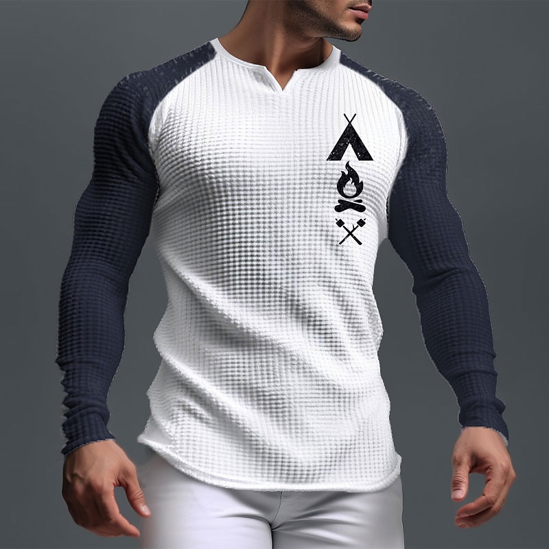 Men's Graphic Flame Waffle Shirt T Shirt Raglan T Shirt Long Sleeve T shirt 3D Print V Neck Shirt Sports Daily Casual Sports Outdoor Holiday Going out Black White Navy Blue Spring &  Fall Clothing2