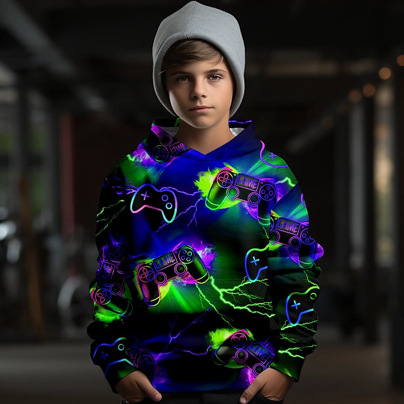 Boys 3D Game Hoodie Pullover Long Sleeve 3D Print Fall Winter Fashion Streetwear Cool Polyester Kids 3-12 Years Outdoor Casual Daily Regular Fit