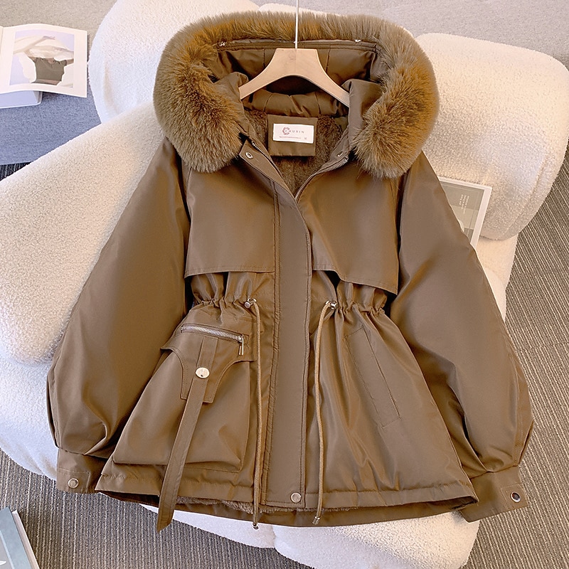 Women's Winter Coat Puffer Jacket Hoodie Jacket Windproof Warm Pocket with Pockets Fur Collar Fashion Street Style Solid Color Vacation Street Daily Wear Going out Zipper Regular Hoodie Regular Fit