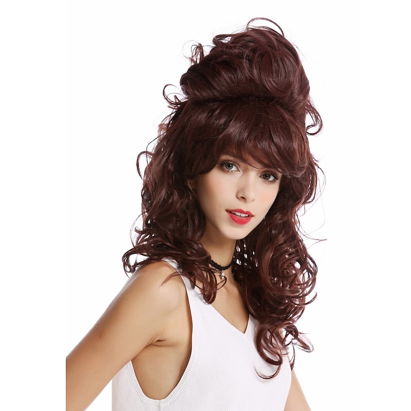 Lady Wig Baroque 60s Beehive Retro Bun Curly Long Mahogany Reddish Brown Pop Singer Halloween Wigs4