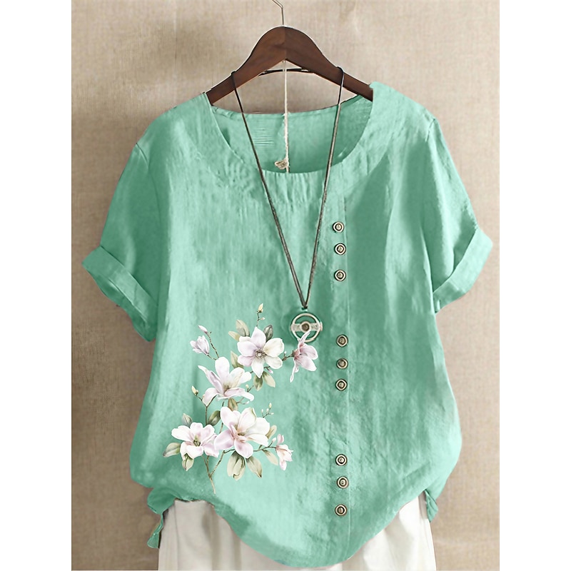 Women's 100% Cotton Shirt Floral Streetwear Short Sleeve Crewneck Regular Tops Linen Vacation Daily Going out Buttons Print Navy Blue Blue Army Green Light Blue Coffee Summer Spring