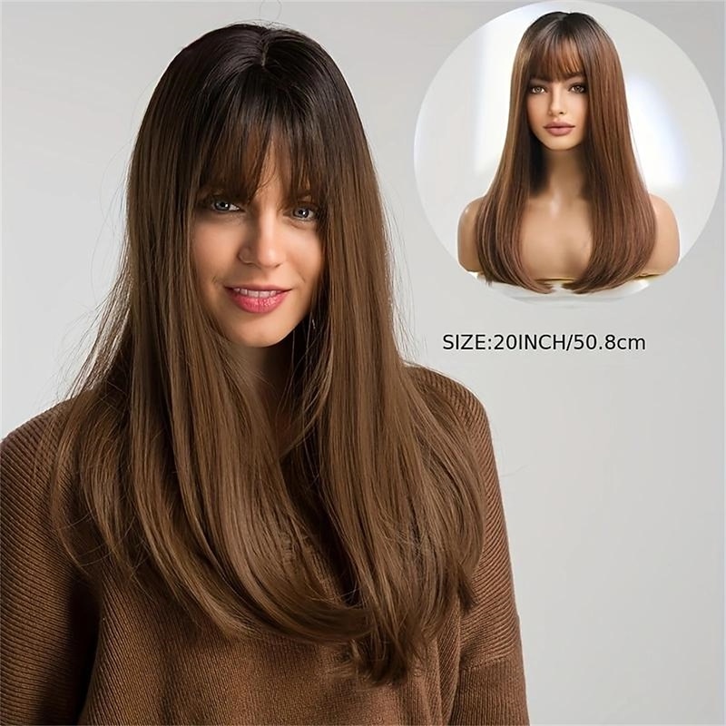 20 Inch Dark Brown Long Straight Wigs With Bangs For Women Synthetic Heat Resistant None Lace Wigs For Daily Party Cosplay Wear4