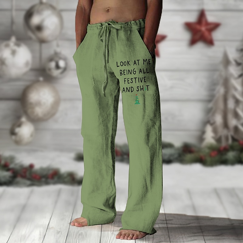 Ugly Christmas Men's Tree Letter Merry Christmas Pants Trousers Mid Waist Vintage Vacation Daily Wear Going out Spring Fall Black White Green3