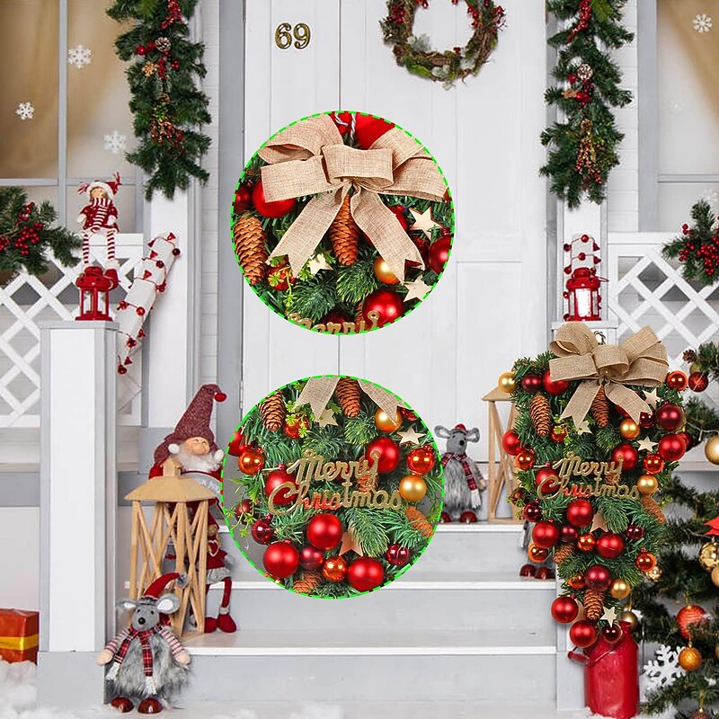 Christmas Swag Wreath Outdoor for Front Door Winter Wreath Window Wall Decoration Ball Upside Down Tree Pendant Creative Window Scene Layout Decoration Bow Rattan Door Hanging2