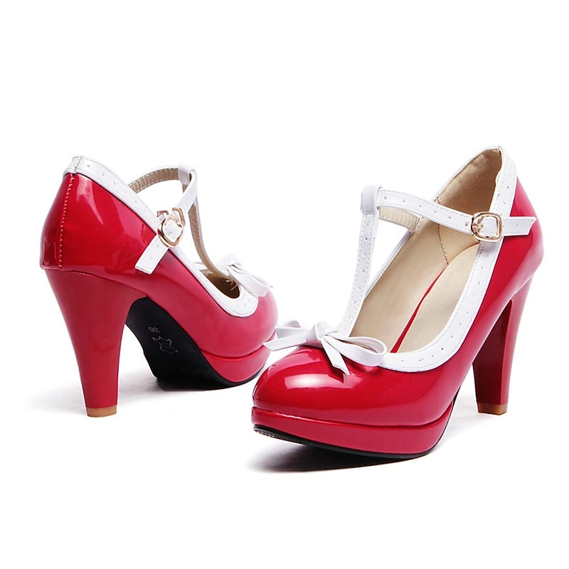 Women's Black Patent Leather T-Strap High Heels with White Trim and Bowknot Decoration - Classic Retro Style for Special Occasions 9