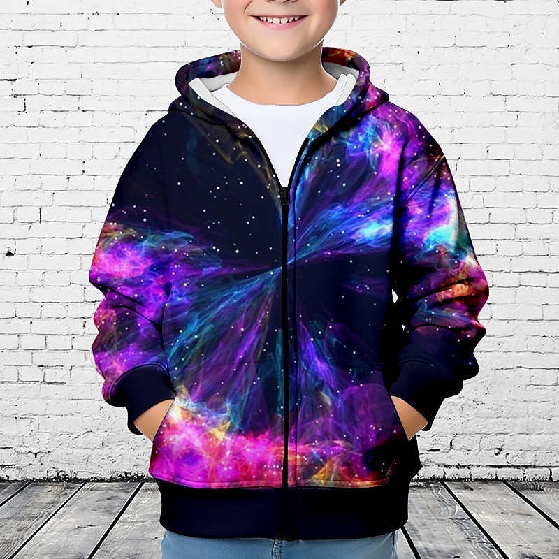 Boys 3D Galaxy Hoodie Coat Outerwear Long Sleeve 3D Print Fall Winter Fashion Streetwear Cool Polyester Kids 3-12 Years Outdoor Casual Daily Regular Fit