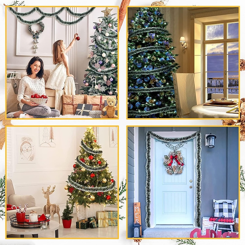 Christmas Shiny Garland with Light,Christmas Tinsel Garland Window Wall Decoration Christmas Tree Garland Hanging Decorations for Christmas Party Indoor and Outdoor Decorations 2m2