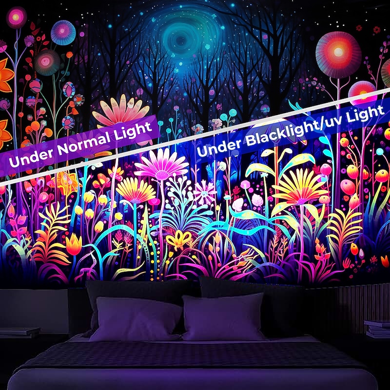 Blacklight Tapestry UV Reactive Glow in the Dark Flower Trippy Misty Nature Landscape Hanging Tapestry Wall Art Mural for Living Room Bedroom4