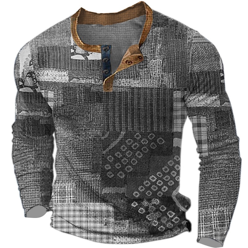 Men's Graphic Geometic Henley Shirt Waffle T Shirt Long Sleeve 3D Print Designer Retro Vintage Ethnic Sports Outdoor Holiday Festival Spring &  Fall Blue Purple Brown Gray Henley Henley T-Shirt4