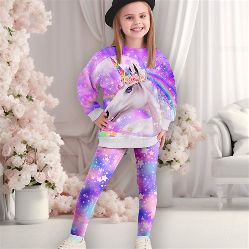 Girls' 3D Unicorn Sweatshirt & Legging Set Set Pink Long Sleeve 3D Print Fall Winter Active Fashion Daily Kids 3-12 Years Crew Neck Outdoor Vacation Date Regular Fit3