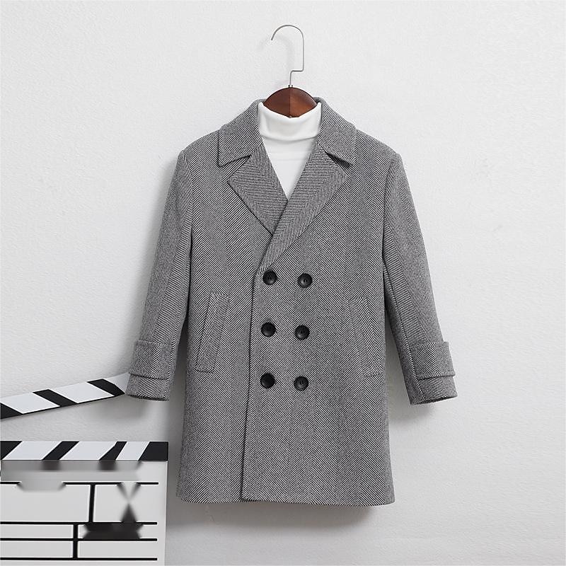 Kid's Unisex Woolen Coat Outerwear Solid Color Long Sleeve Pocket Buttons Coat School Fashion Daily Khaki Gray Spring Fall 7-13 Years3