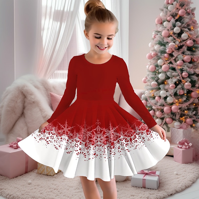 Girls' 3D Tree Snowflake Dress Snowflake Dress Long Sleeve 3D Print Fall Winter Vacation Sports & Outdoor Daily Cute Casual Beautiful Kids 3-12 Years Casual Dress A Line Dress Above Knee Regular Fit