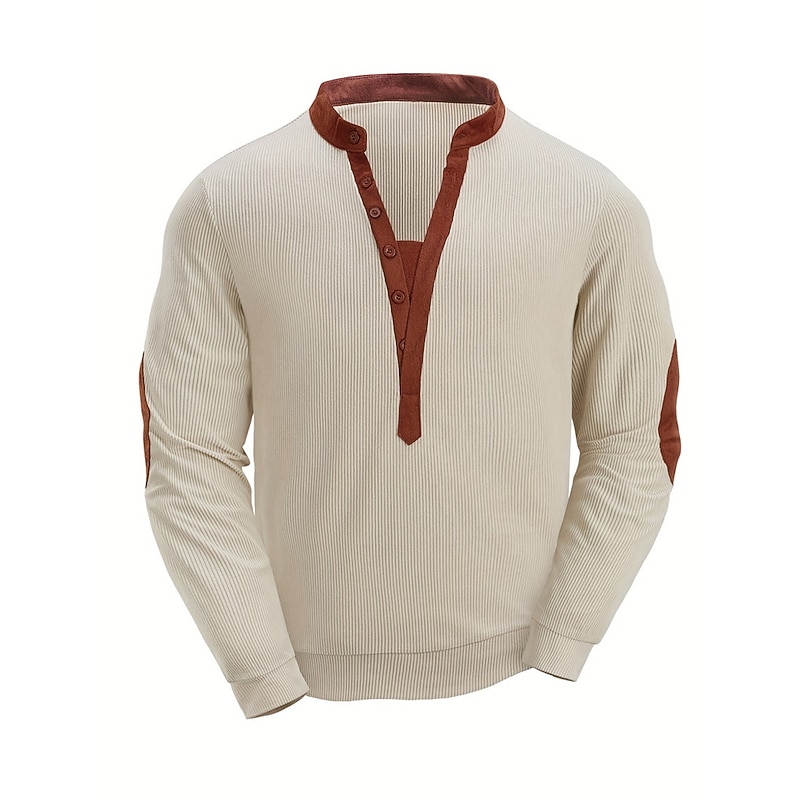 Men's T Shirt Corduroy Shirt Henley Shirt Tee Top Long Sleeve Henley Spring &  Fall Color Block Fashion Designer Basic Patchwork Vacation Street Going out khaki Top Tee for Men2