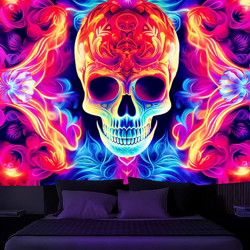 Halloween Skull Blacklight Tapestry UV Reactive Glow in the Dark Trippy Misty Hanging Tapestry Wall Art Mural for Living Room Bedroom