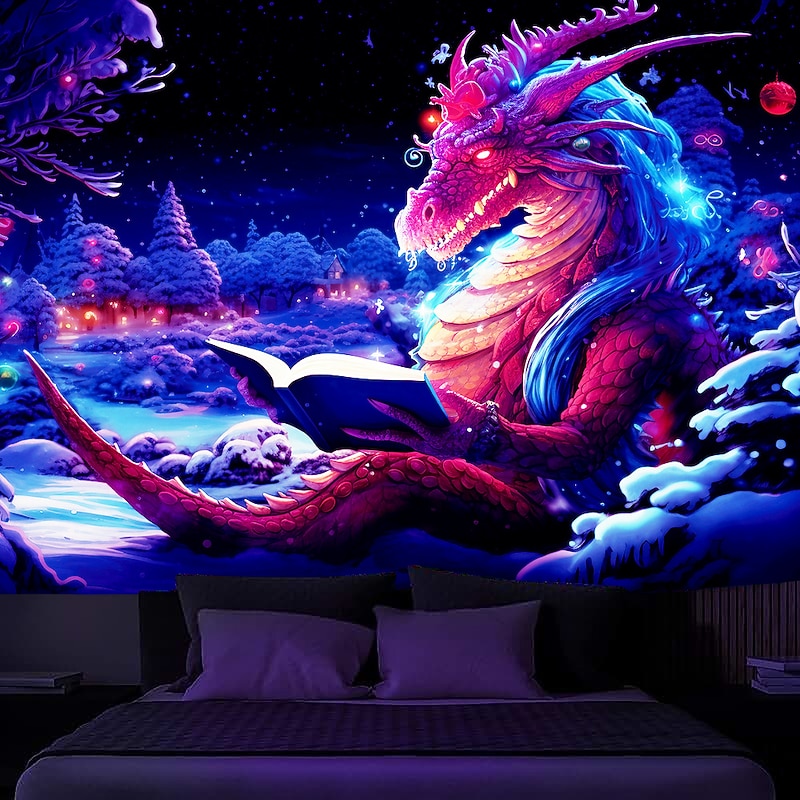 Blacklight Tapestry UV Reactive Glow in the Dark Glow Party Neon Dragon Book Psychedelic Trippy Misty Hanging Tapestry Wall Art Mural for Living Room Bedroom4