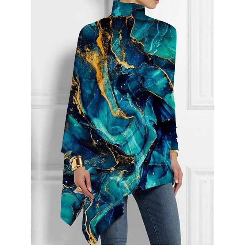 Women's T Shirt High-Neck Top Glowing Line Print Long Sleeve Loose Fit Unique Design Black Multicolor Trendy Party Nightclub Statement Shirt Fashionable Spring Fall Clothing Apparel3