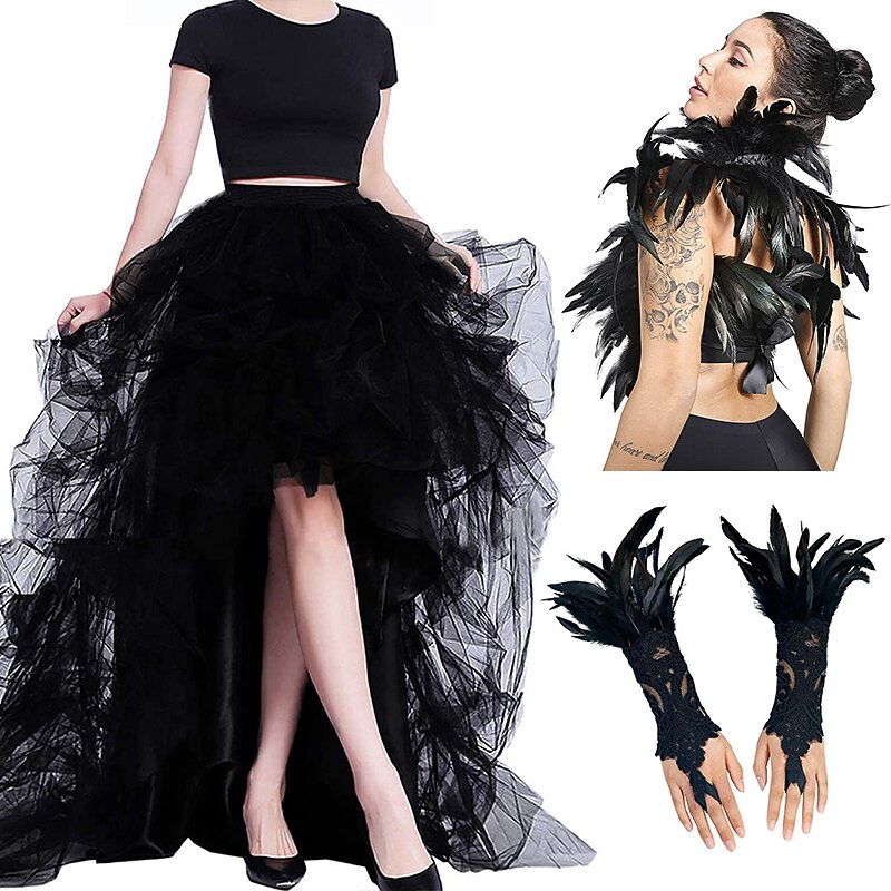 Set with Tulle Tutu Skirt Feather Cape Lace Gloves 3 PCS Women's High Waist High Low Layered Tulle Floor Length Skirt Feather Shawls Outfits Maleficent Costume Punk Gothic Halloween Party Carnival