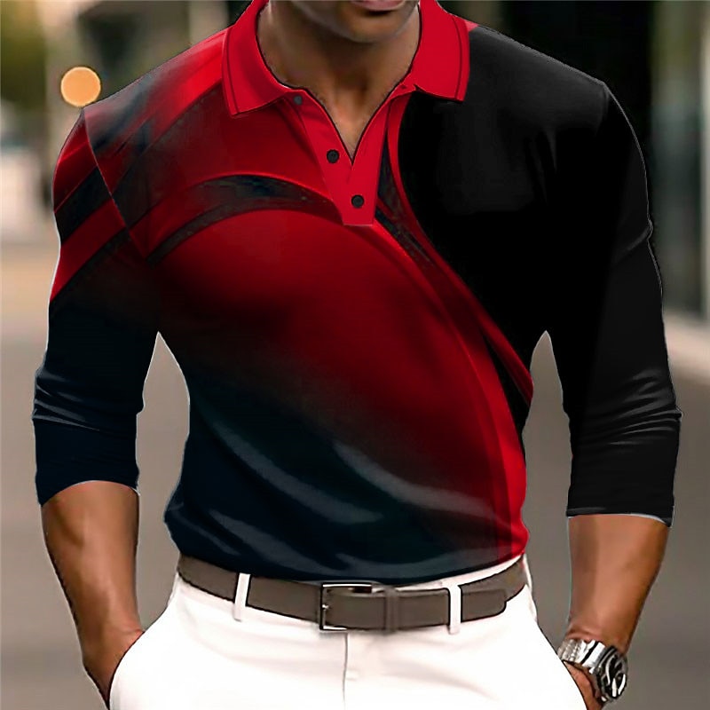 Men's Geometric Polo Shirts Golf Shirt Long Sleeve Polo Shirts Collared Shirts Business Casual WorkWear Formal Wear Festival Wear 3D Print Buttons Fall & Winter Wine Blue Purple3