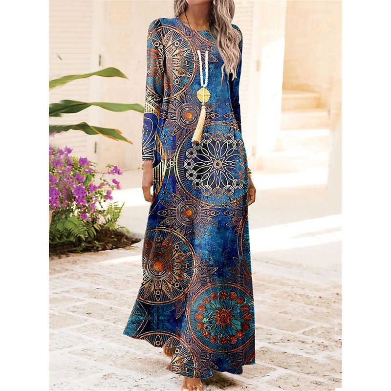 Women's Maxi Dress Vintage Bohemian A Line Dress Crew Neck Long Sleeve Casual Dress Winter Dress Swing Dress Outdoor Daily Date Regular Fit Floral Blue Fall Winter
