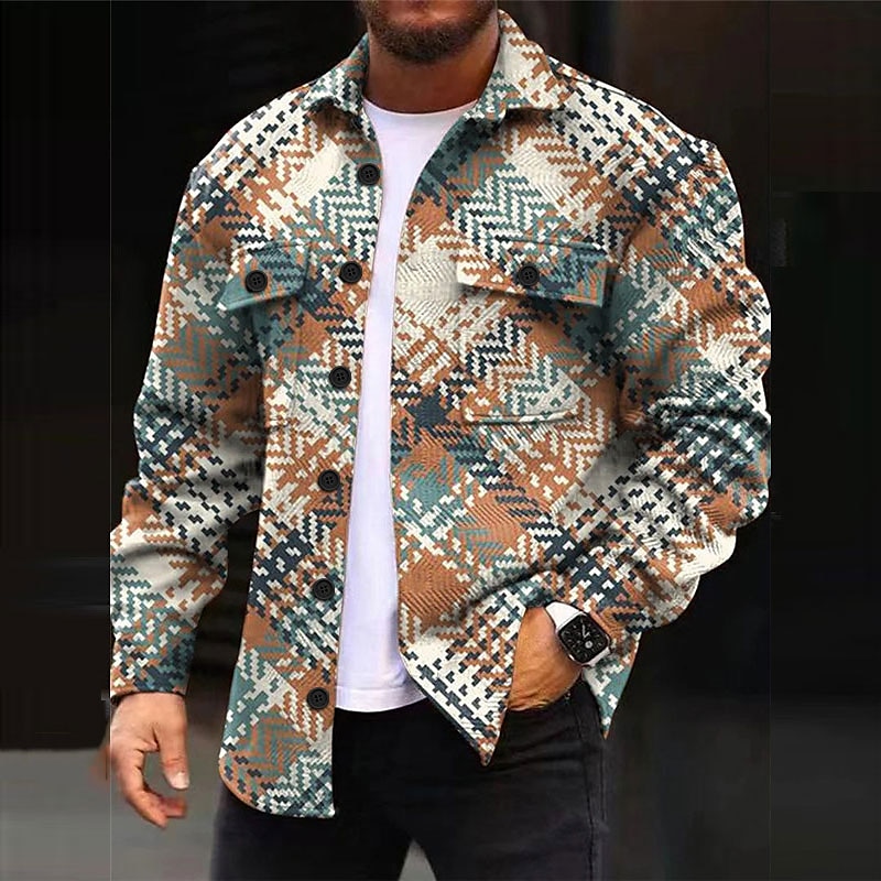 Men's Plaid Stripe Geometric Pattern Shirt Shirt Jacket Overshirt Long Sleeve Vintage Abstract Tribal Outdoor Street Casual Daily Fall & Winter Turndown Buttons Pocket Print Yellow Brown2