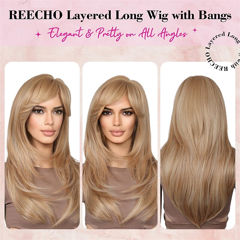 Long Blonde Wigs with Side Bangs Layered Wigs for Women Shoulder Length Synthetic Wigs for Women Daily Cosplay Halloween Party 23 Inch Golden Blonde with Light Blonde Highlights2