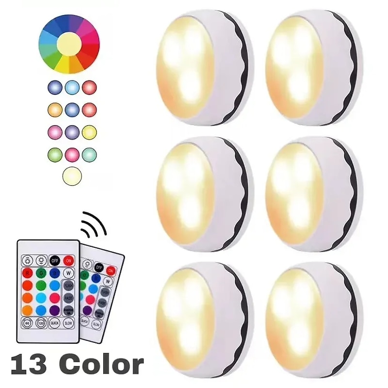 LED Puck Light 3/6pcs Under-Cabinet Light 13 Colors LED Spotlight Infrared RGB Touch Cabinet Ambient Dimming Night Light Pat Hockey Light Timer with Remote Control2