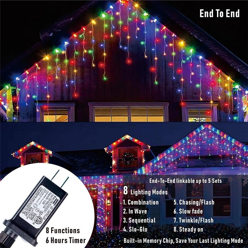 1 Pack Icicle Christmas Lights,96 LED 4M 8 Modes and Timer, Warm White, Cold White, Multicolor, Bulb Waterproof Connectable Outdoor String Lights for Holiday, Wedding, Christmas Decoration4