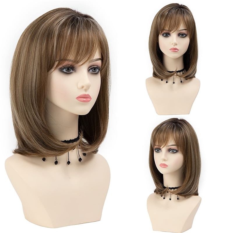 Short Ombre Blonde Bob Layered Wigs for White Women Blonde Mixed White Highlight Synthetic Straight Hair Wig with Bangs Medium Length Wigs for Women Daily Party Wig - Main Image